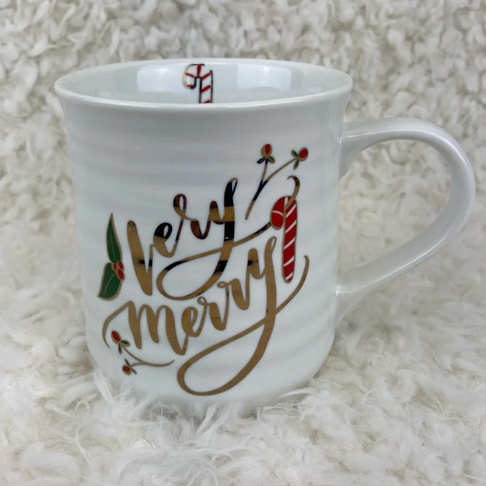 Pier 1 Stoneware Very Merry Candy Cane & Holly Coffee Mug 16oz. Christmas